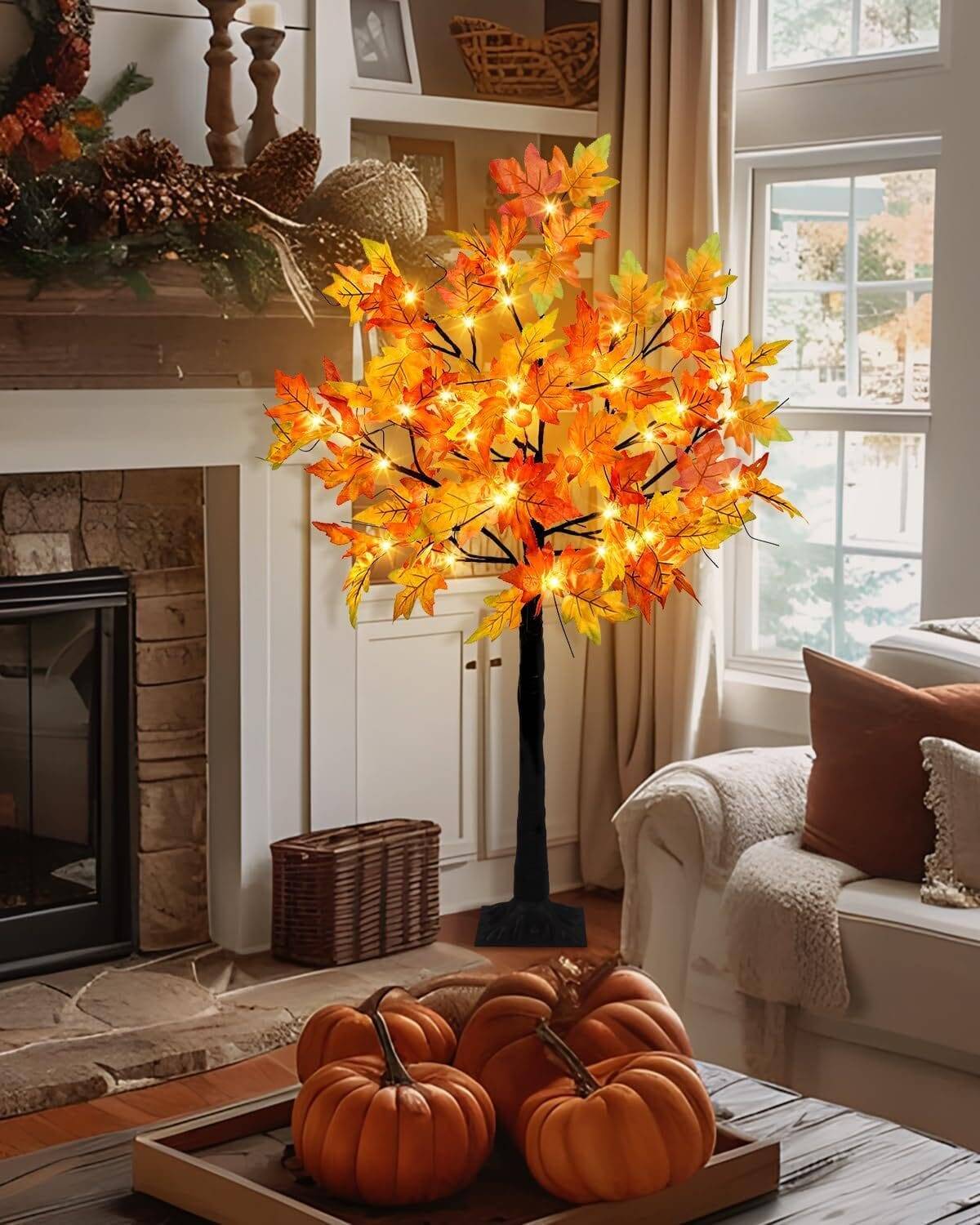 4FT Fall Lighted Maple Trees with 48 LEDs Lights 12 Pumpkins Fake Fall Light Up Tree Artificial Autumn Maple Trees for Indoor Outdoor Thanksgiving Fall Decor - Image 7