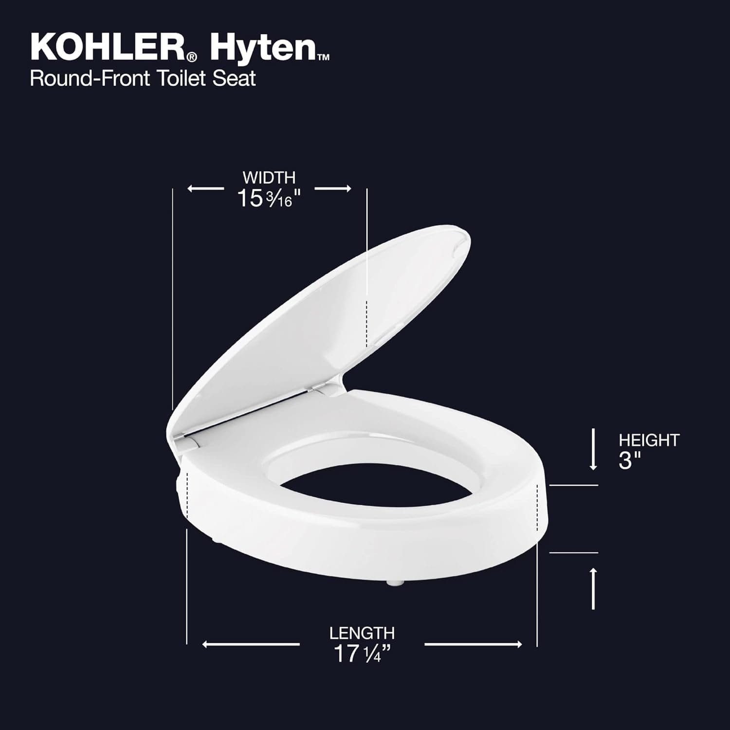 KOHLER 25876-0 Hyten Elevated Quiet-Close Round Toilet Seat, Contoured Seat with Grip-Tight Bumpers, Quick-Attach Hardware, White - Image 7