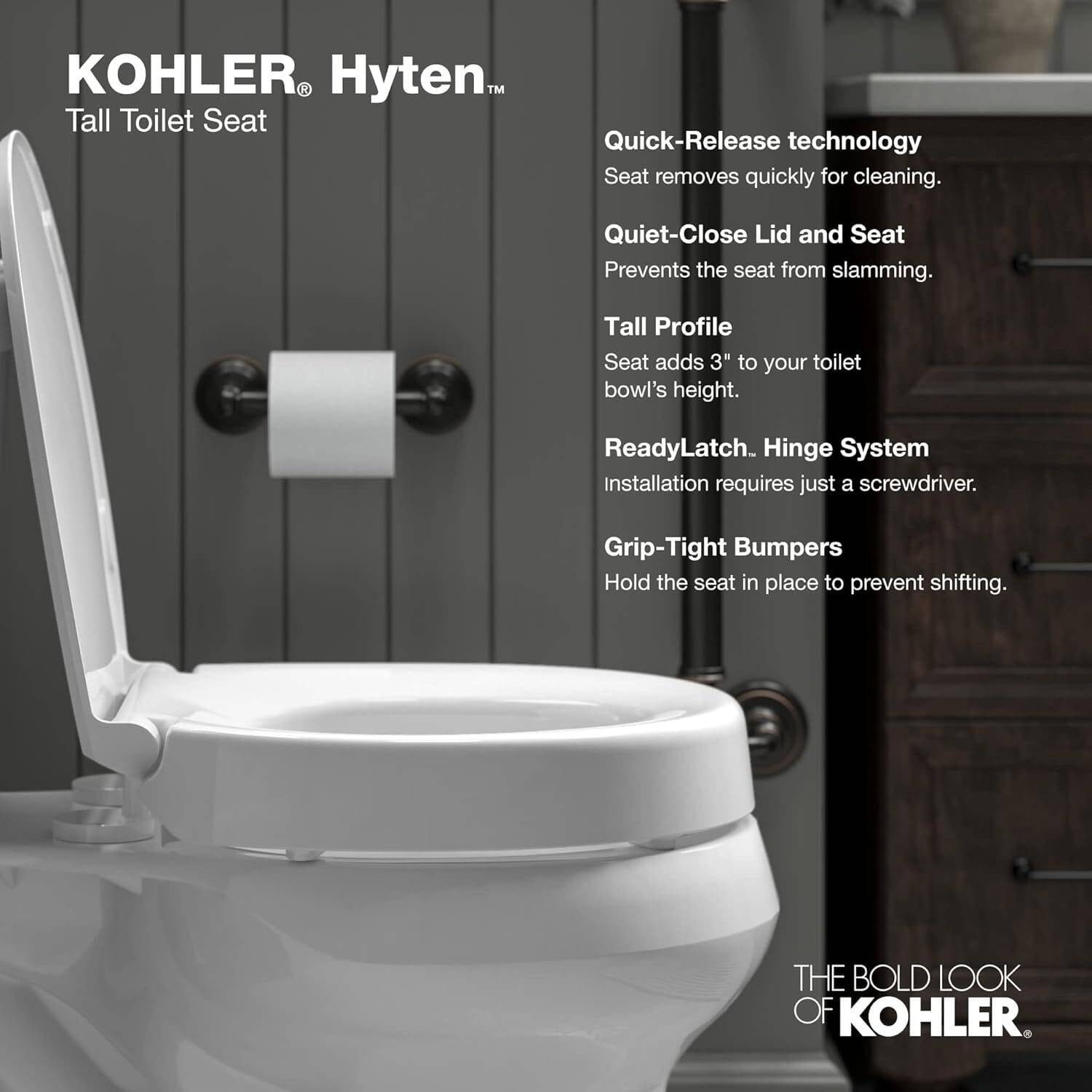 KOHLER 25876-0 Hyten Elevated Quiet-Close Round Toilet Seat, Contoured Seat with Grip-Tight Bumpers, Quick-Attach Hardware, White - Image 10