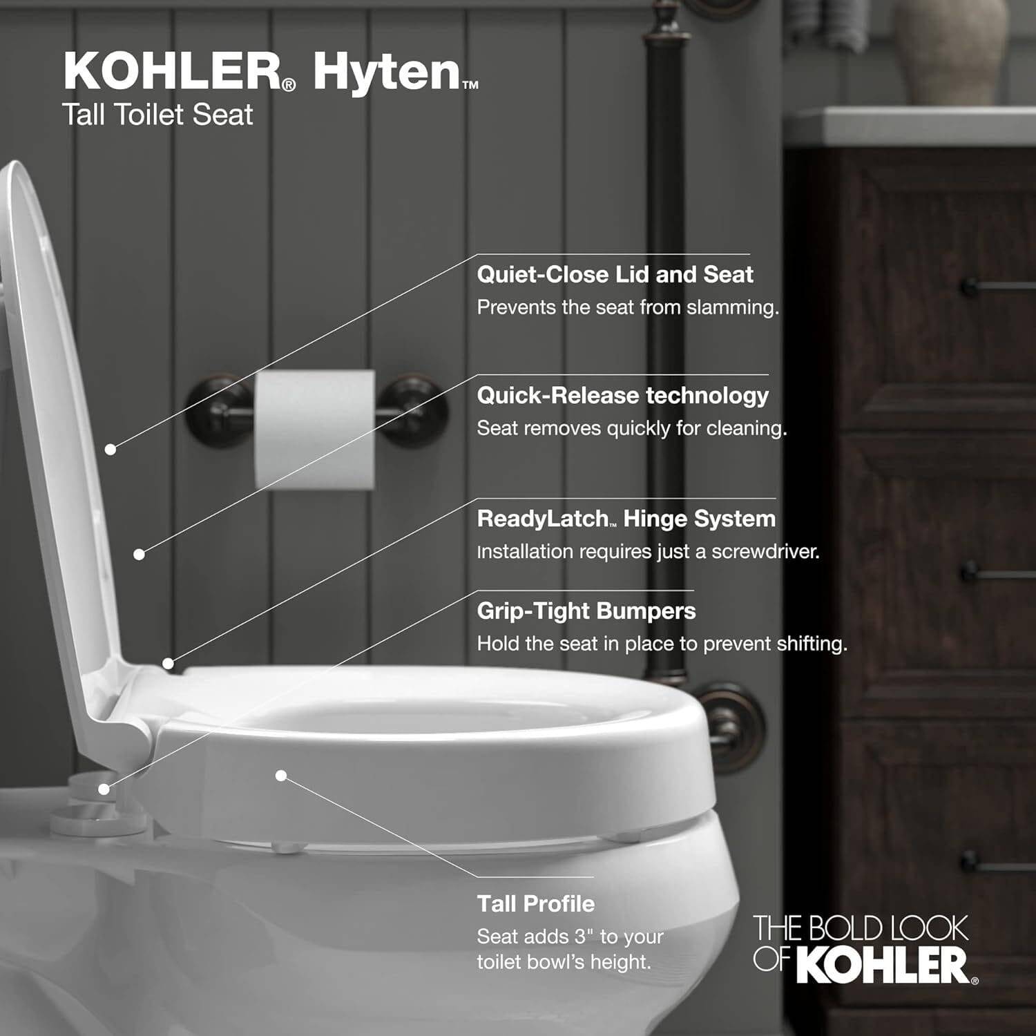 KOHLER 25876-0 Hyten Elevated Quiet-Close Round Toilet Seat, Contoured Seat with Grip-Tight Bumpers, Quick-Attach Hardware, White - Image 11