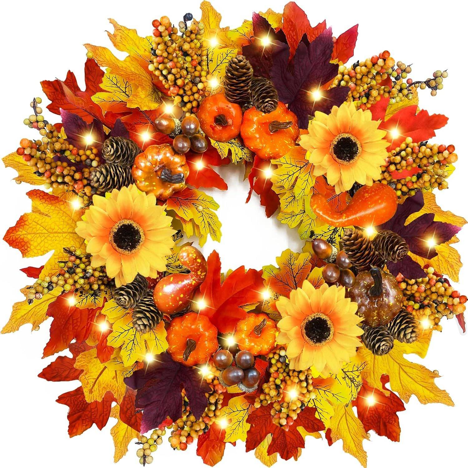 20" Sunflower Thanksgiving Fall Wreath Decorations Front Door Timer 20 LED 5 Styles 3 Color 77 Maple Leaf 8 Pumpkin 12 Acorn 10 Pinecone 8 Berry Stems Battery Operated Thanksgiving Decor Home Outdoor