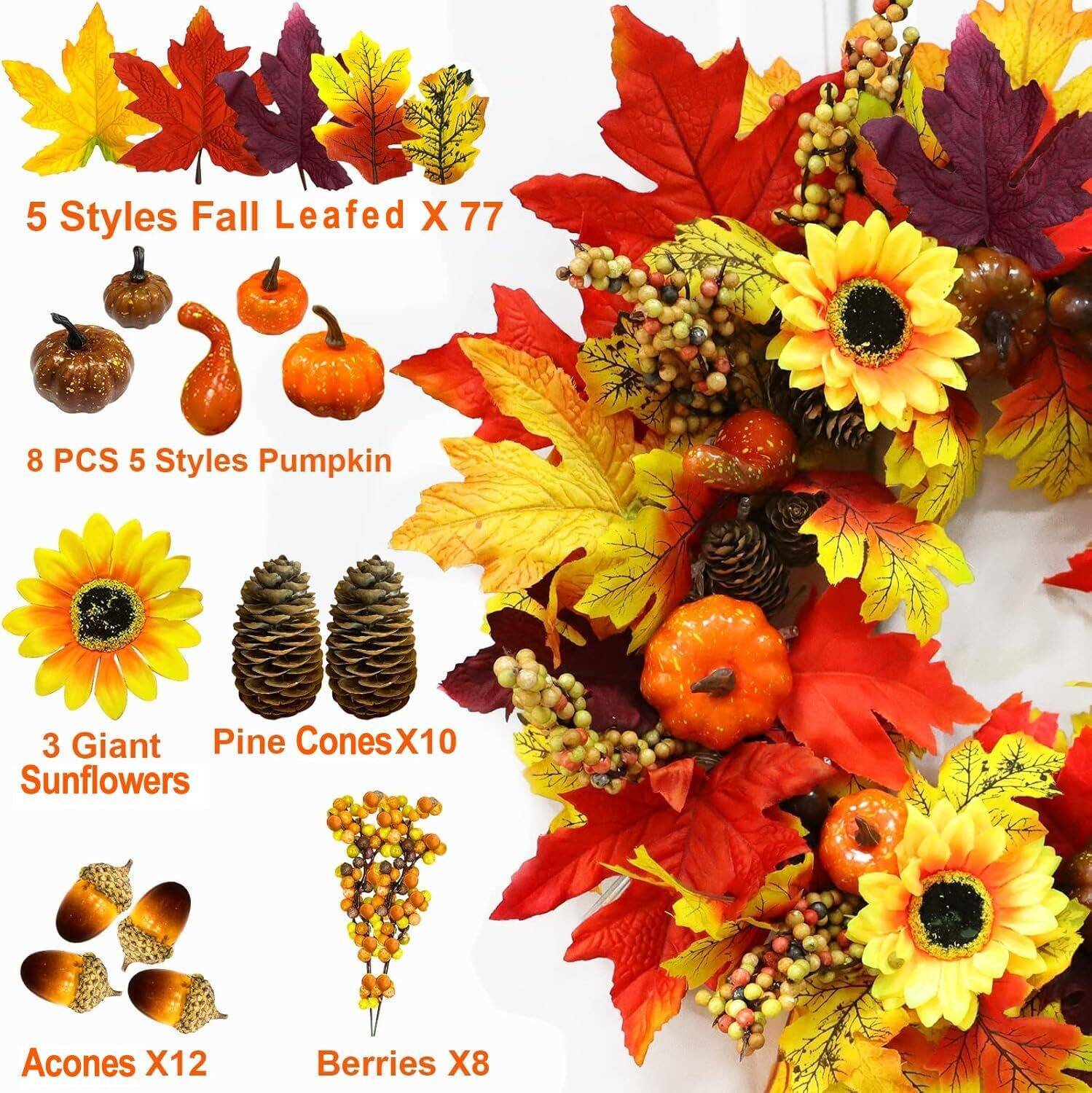 20" Sunflower Thanksgiving Fall Wreath Decorations Front Door Timer 20 LED 5 Styles 3 Color 77 Maple Leaf 8 Pumpkin 12 Acorn 10 Pinecone 8 Berry Stems Battery Operated Thanksgiving Decor Home Outdoor - Image 4