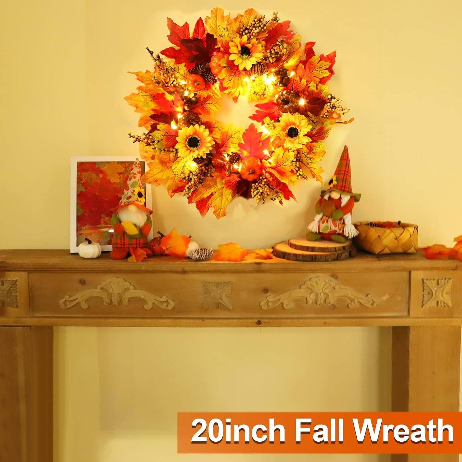 20" Sunflower Thanksgiving Fall Wreath Decorations Front Door Timer 20 LED 5 Styles 3 Color 77 Maple Leaf 8 Pumpkin 12 Acorn 10 Pinecone 8 Berry Stems Battery Operated Thanksgiving Decor Home Outdoor - Image 6