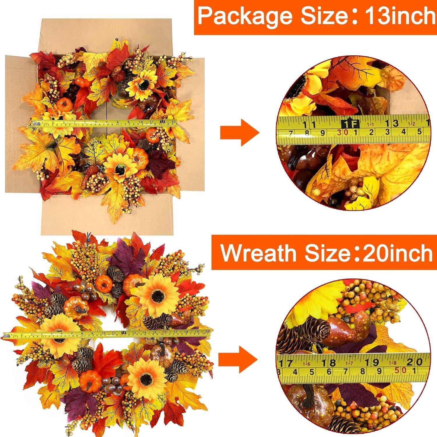 20" Sunflower Thanksgiving Fall Wreath Decorations Front Door Timer 20 LED 5 Styles 3 Color 77 Maple Leaf 8 Pumpkin 12 Acorn 10 Pinecone 8 Berry Stems Battery Operated Thanksgiving Decor Home Outdoor - Image 7