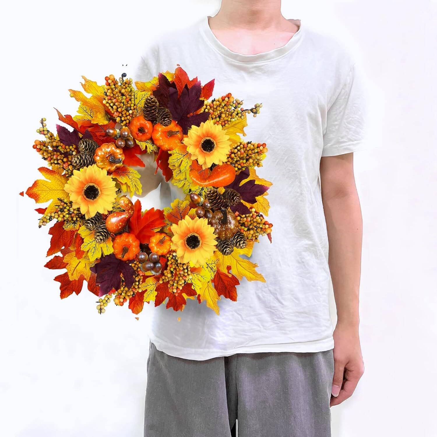 20" Sunflower Thanksgiving Fall Wreath Decorations Front Door Timer 20 LED 5 Styles 3 Color 77 Maple Leaf 8 Pumpkin 12 Acorn 10 Pinecone 8 Berry Stems Battery Operated Thanksgiving Decor Home Outdoor - Image 8