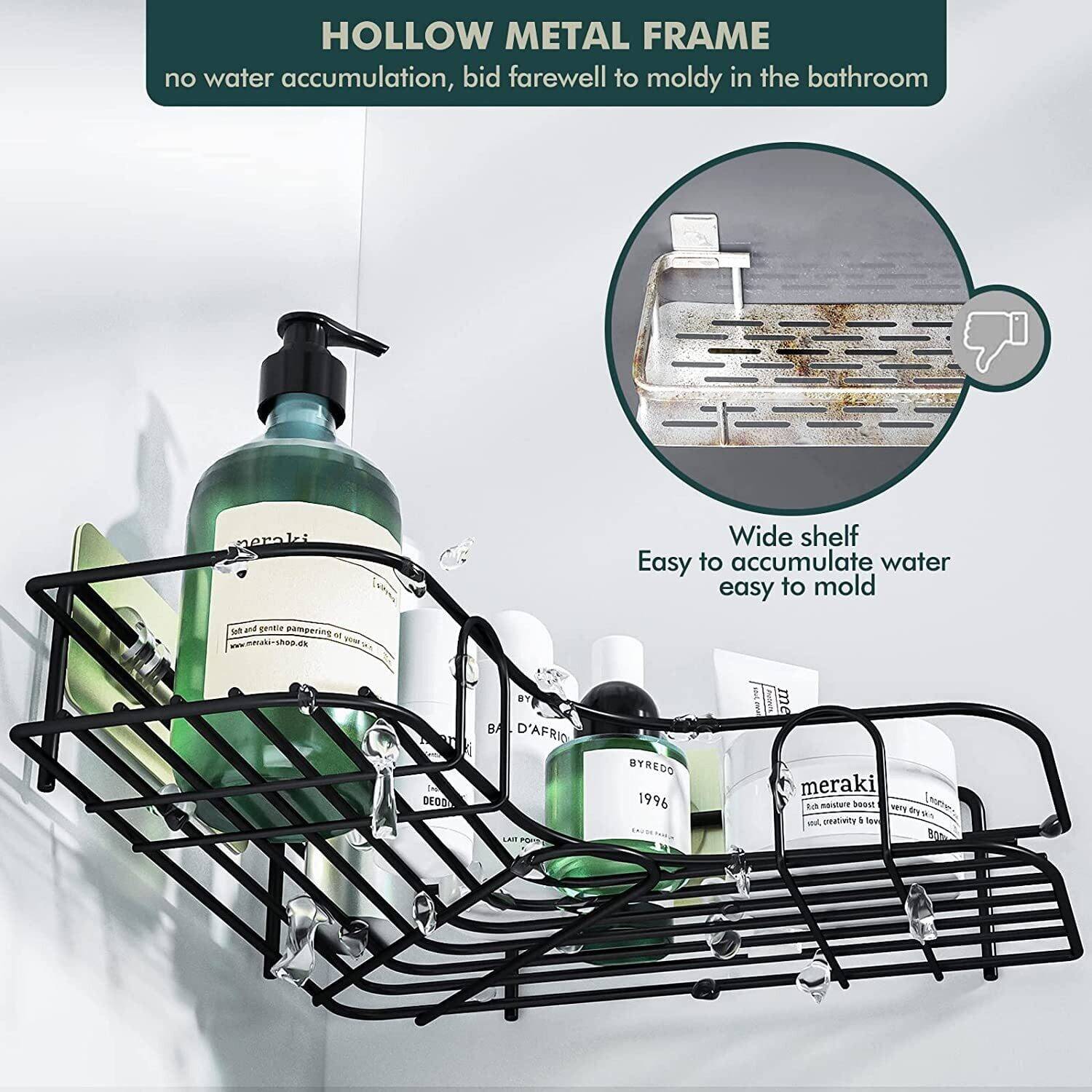 Corner Shower Caddy, 1 Pack Self Adhesive Bathroom Organizer, No Drilling Bathroom Storage Shelves Shower Rack, Wall Mounted Shampoo Holder Rack for RV Apartment Kitchen (1 Pack-Black) - Image 5