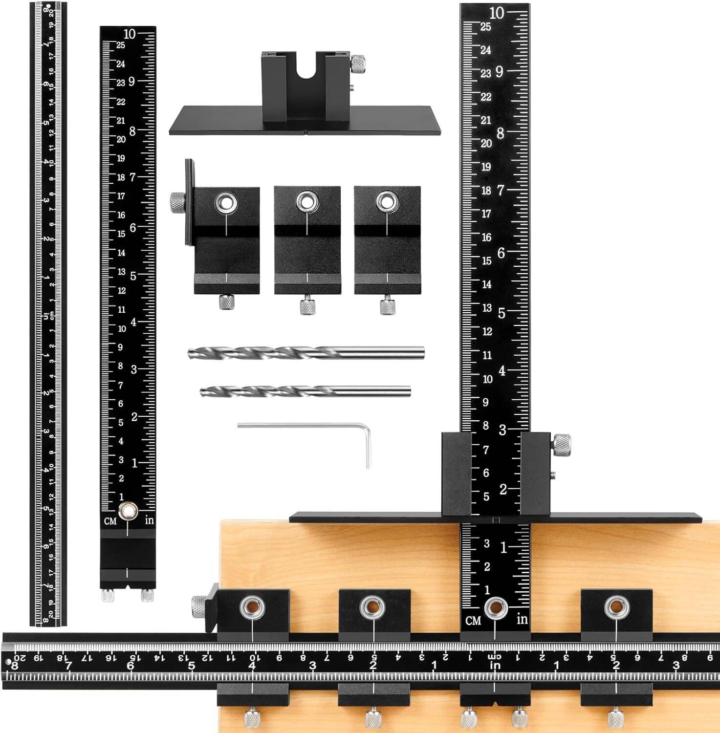 Elemake Cabinet Hardware Jig - Cabinet Handle Jig, Aluminum Alloy Heavy Duty Cabinet Jig for Handles and Pulls, Drawer Pull Jig, Detachable Cabinet Hardware Template, with 2 Size Drill Bits