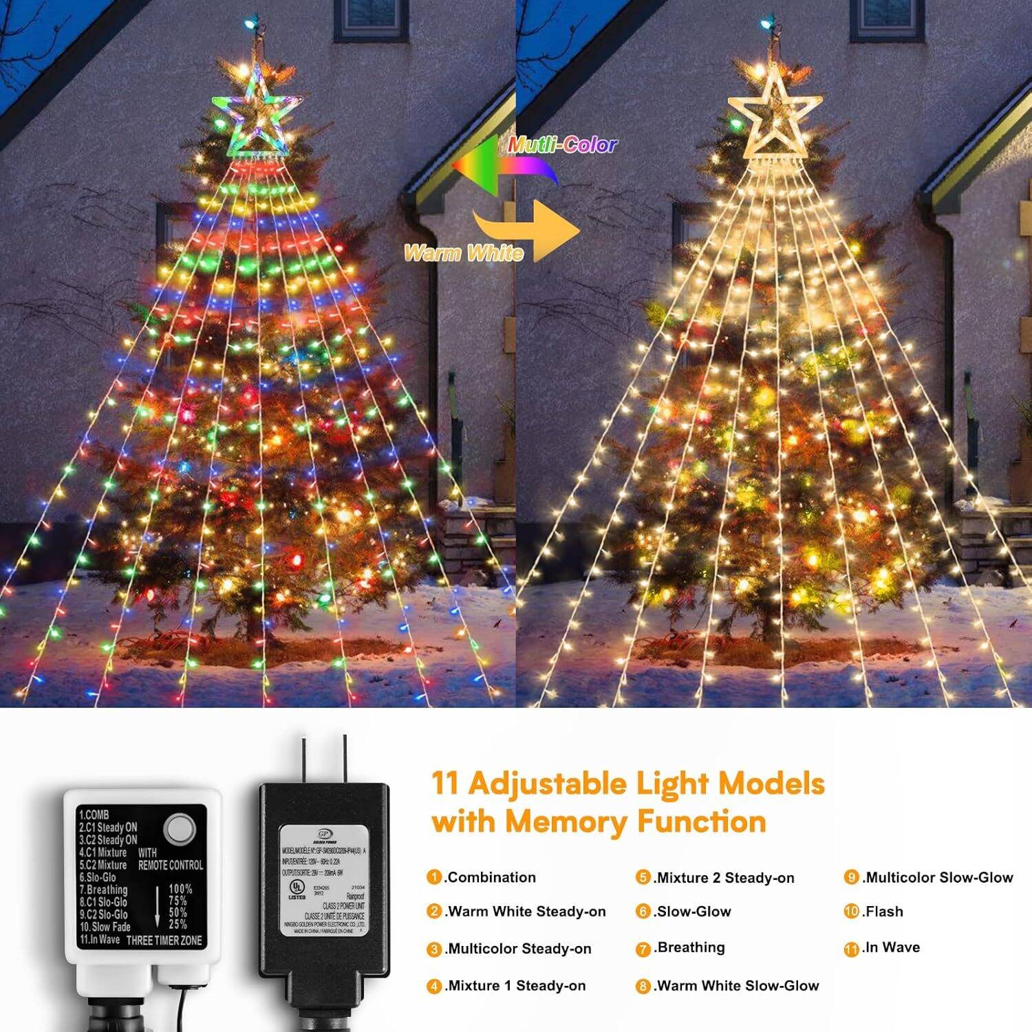 Christmas String Lights Outdoor Decoration 317 LED Star Fairy String Lights 11 Modes & Waterproof - Warm White + Multi-Colored - Image 2