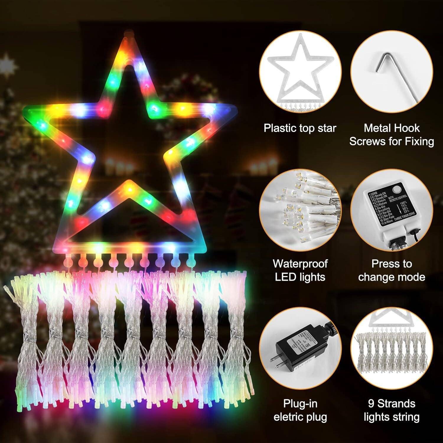 Christmas String Lights Outdoor Decoration 317 LED Star Fairy String Lights 11 Modes & Waterproof - Warm White + Multi-Colored - Image 6