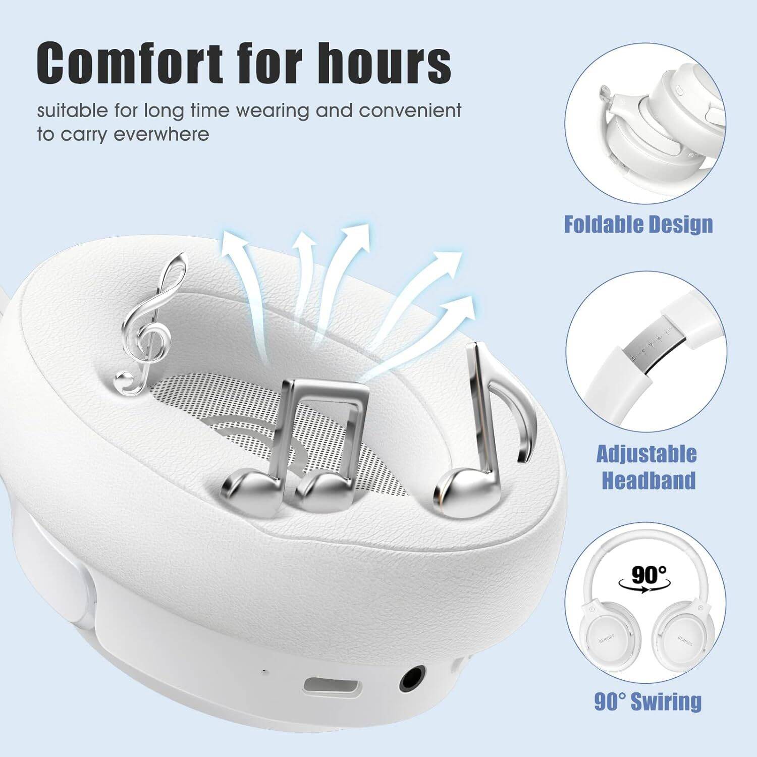 Bluetooth Headphones Over Ear,BERIBES 65H Playtime and 6 EQ Music Modes with Microphone,HiFi Stereo Foldable Lightweight Wireless Headset,Deep Bass for Home Office Cellphone PC Etc.(White) - Image 5