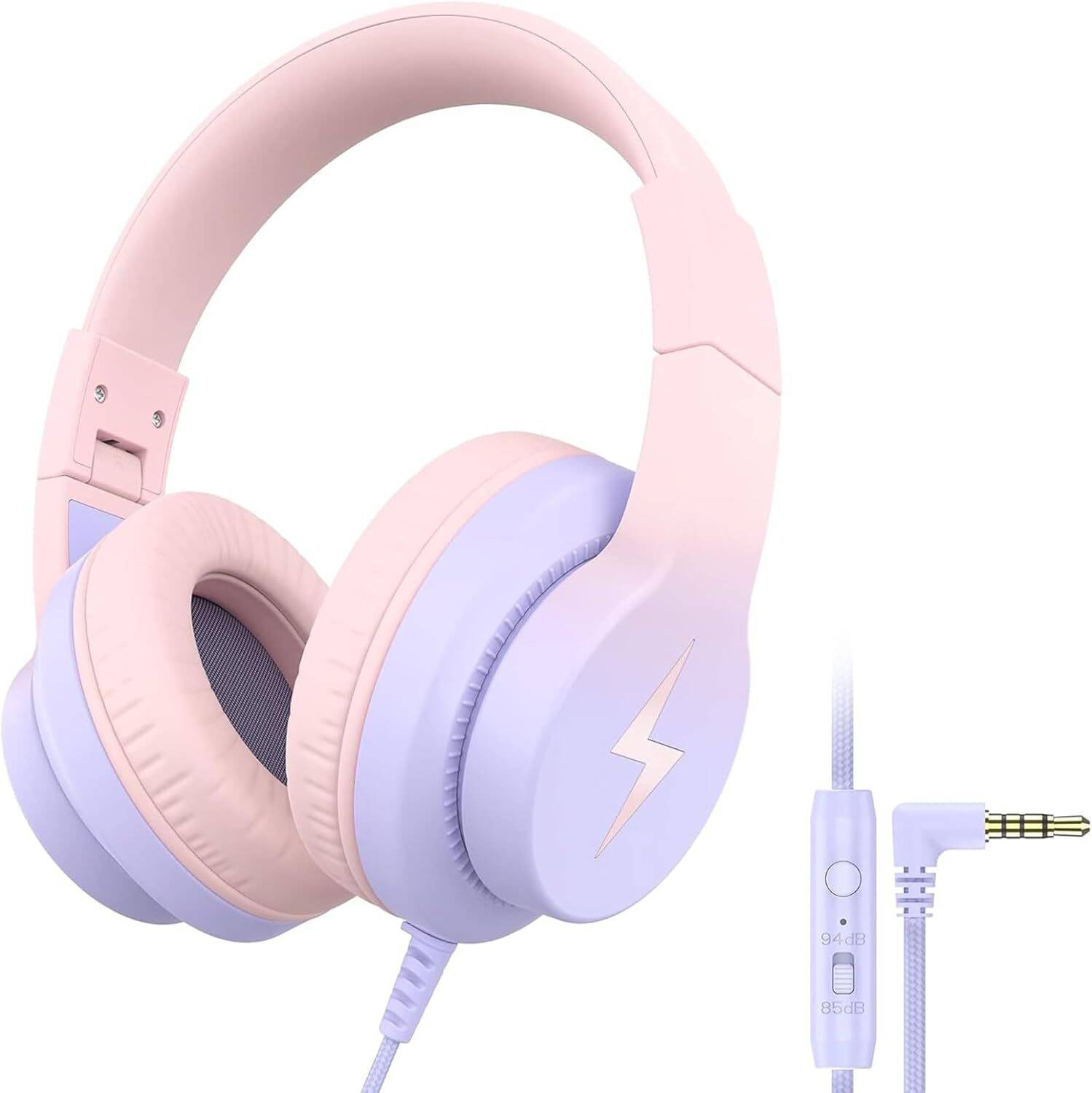 Kids Headphones, Wired Headphones for Kids Over Ear with Microphone, 85/94dB Volume Limiter Headphones for Girls Boys, Foldable Headphones for Learning & Entertainment, Gradient Pink