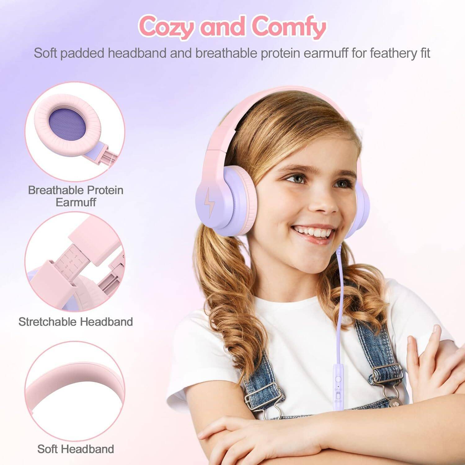 Kids Headphones, Wired Headphones for Kids Over Ear with Microphone, 85/94dB Volume Limiter Headphones for Girls Boys, Foldable Headphones for Learning & Entertainment, Gradient Pink - Image 4