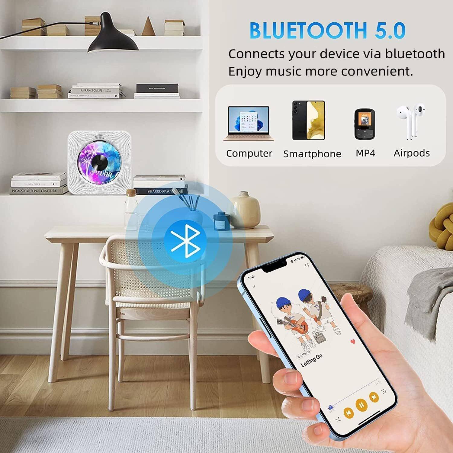 Gueray Portable CD Player with Bluetooth, Desktop CD Music Players for Home Built-in Double HiFi Sound Speakers, Support AUX&USB Headphone Jack, FM Radio Boombox, LCD Screen Display for Kids Gift - Image 2