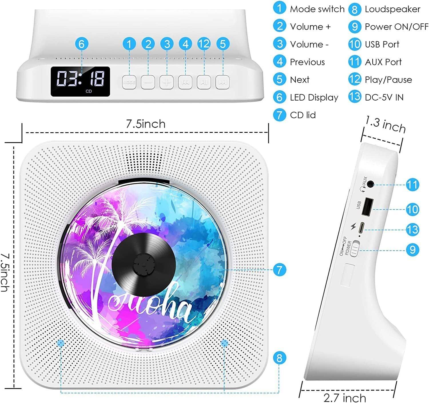 Gueray Portable CD Player with Bluetooth, Desktop CD Music Players for Home Built-in Double HiFi Sound Speakers, Support AUX&USB Headphone Jack, FM Radio Boombox, LCD Screen Display for Kids Gift - Image 4