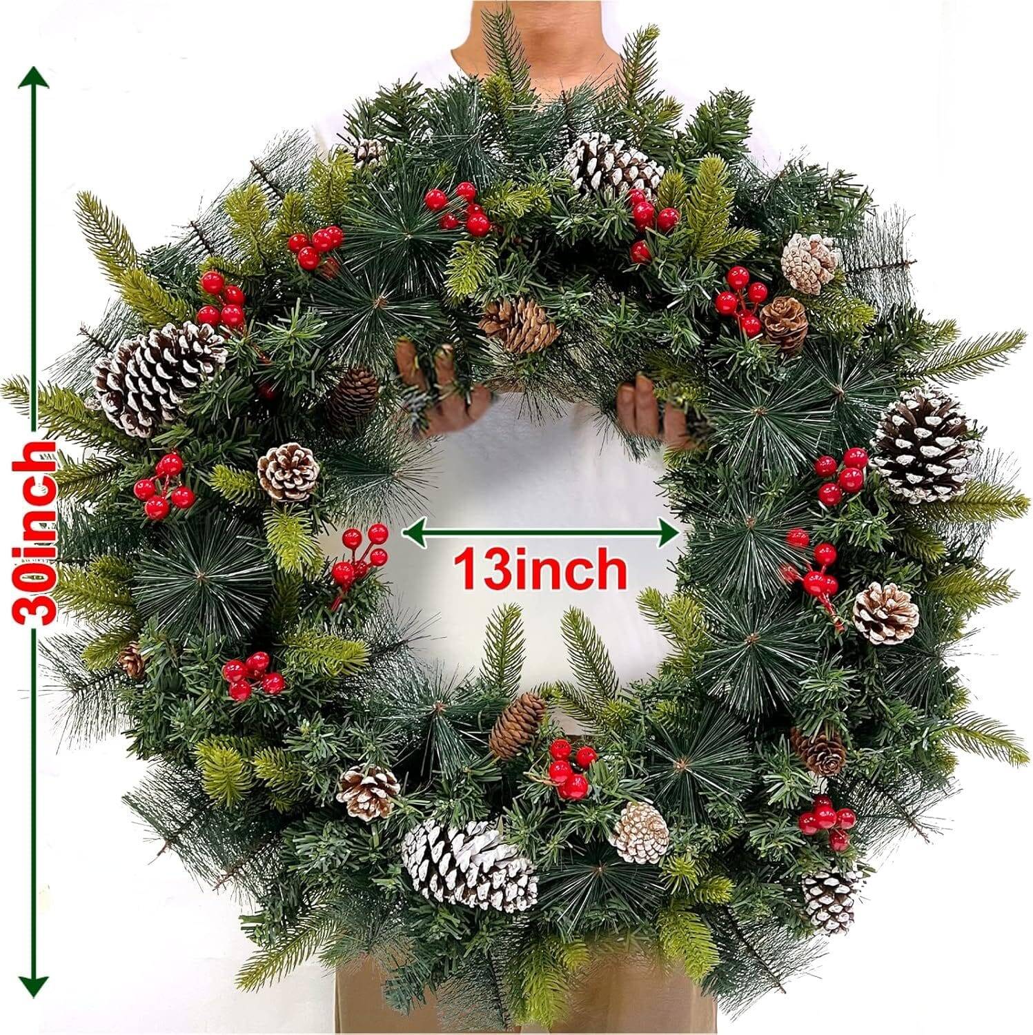 30 Inch Super Thick Christmas Wreath with Warm White Prelit Lights - Image 2