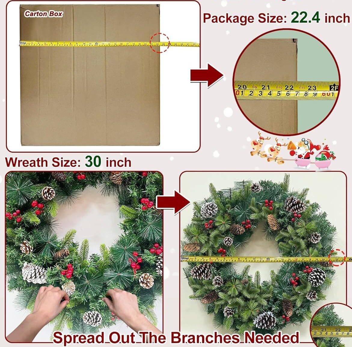 30 Inch Super Thick Christmas Wreath with Warm White Prelit Lights - Image 4