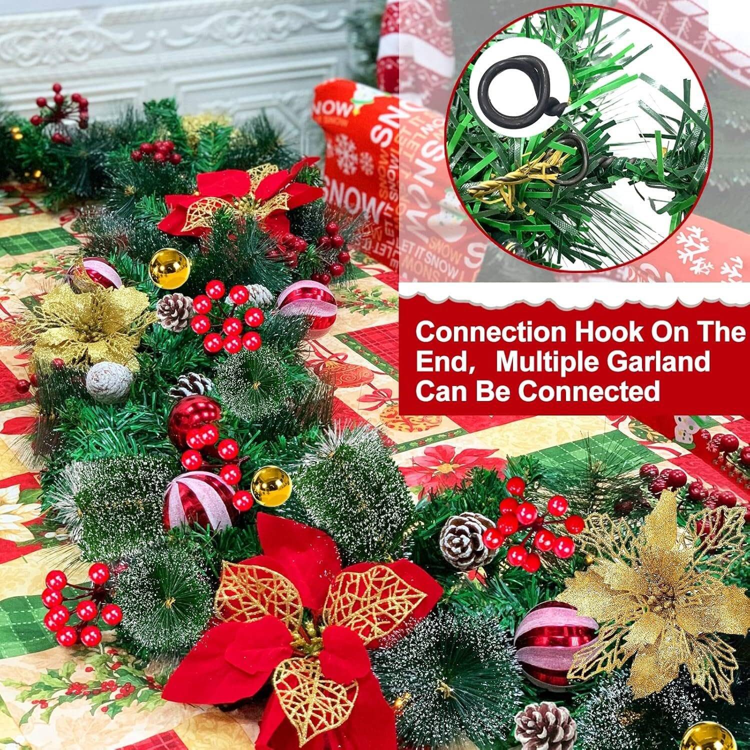 2 Pack + 9 Ft 100 LED Prelit Christmas Garland, Each 18 Ball 6 Poinsettia 300 Thick Snowy Tips 18 Pinecone 198 Red Berry Battery Operated Christmas Garland Decor Mantle Indoor Outdoor - Image 4