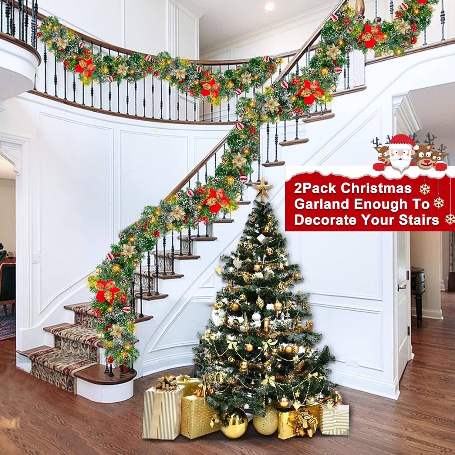 2 Pack + 9 Ft 100 LED Prelit Christmas Garland, Each 18 Ball 6 Poinsettia 300 Thick Snowy Tips 18 Pinecone 198 Red Berry Battery Operated Christmas Garland Decor Mantle Indoor Outdoor - Image 5