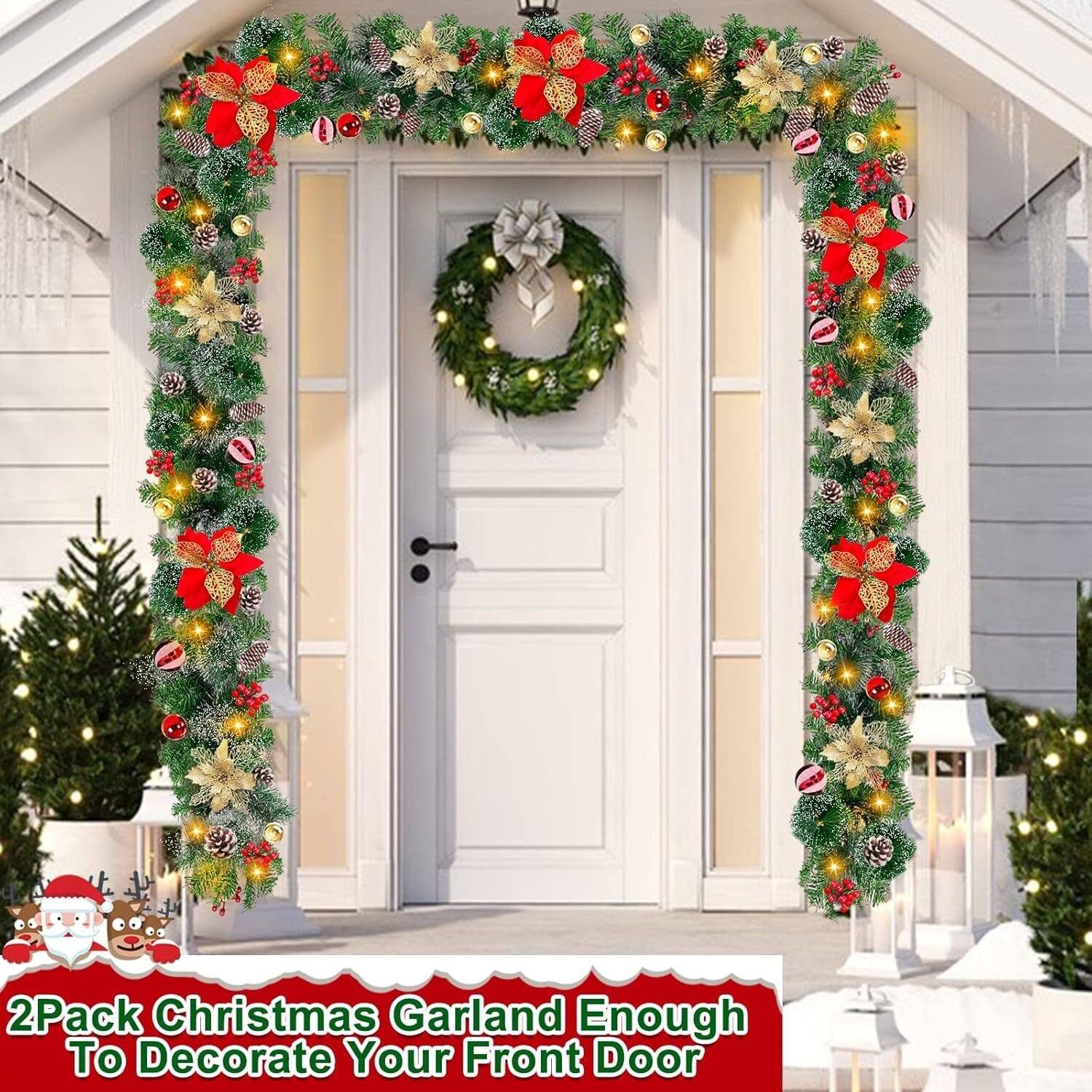 2 Pack + 9 Ft 100 LED Prelit Christmas Garland, Each 18 Ball 6 Poinsettia 300 Thick Snowy Tips 18 Pinecone 198 Red Berry Battery Operated Christmas Garland Decor Mantle Indoor Outdoor - Image 6