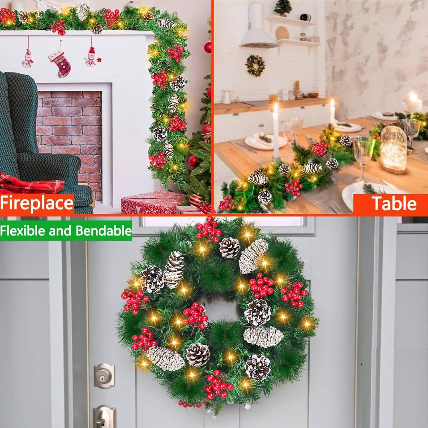 Timer & 2 Pack + 8 Modes 9 Ft Prelit Christmas Garland 50 Warm White LED Lights Cedar garland Battery Operated 300 Thick Branch Bristle Pine 198 Red Berries Pinecones Xmas Decor Garland Indoor - Image 4