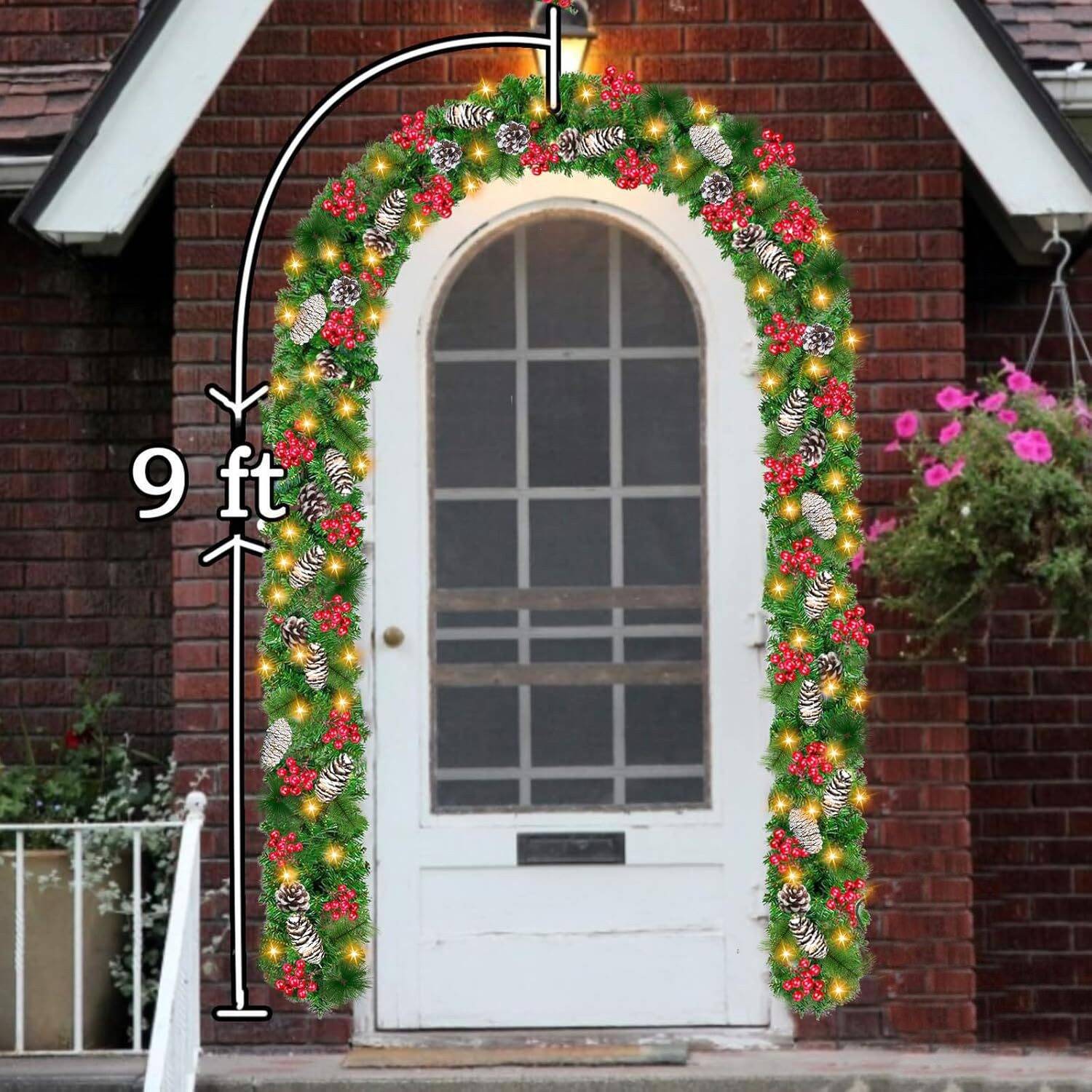 Timer & 2 Pack + 8 Modes 9 Ft Prelit Christmas Garland 50 Warm White LED Lights Cedar garland Battery Operated 300 Thick Branch Bristle Pine 198 Red Berries Pinecones Xmas Decor Garland Indoor - Image 5