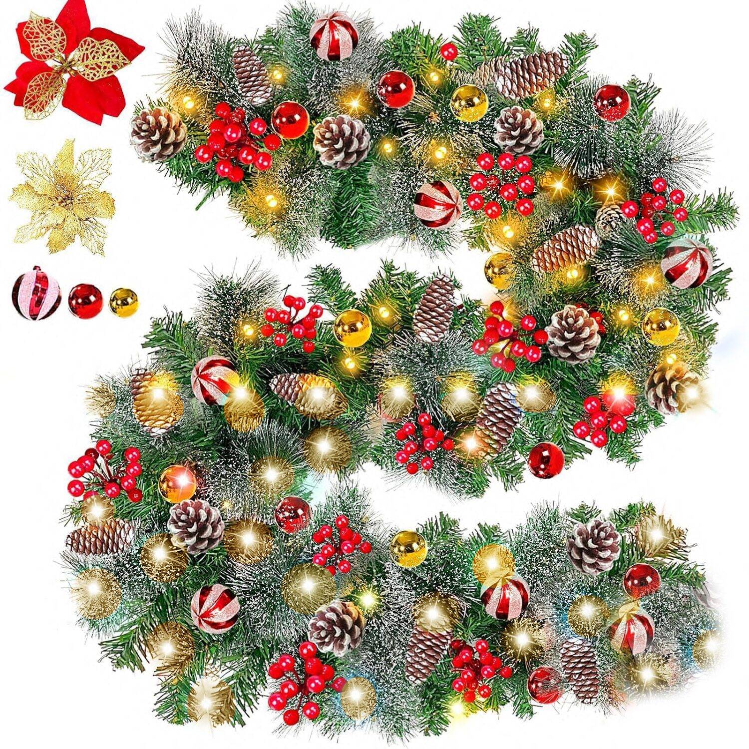 2 Pack + 9 Ft 100 LED Prelit Christmas Garland, Each 18 Ball 6 Poinsettia 300 Thick Snowy Tips 18 Pinecone 198 Red Berry Battery Operated Christmas Garland Decor Mantle Indoor Outdoor