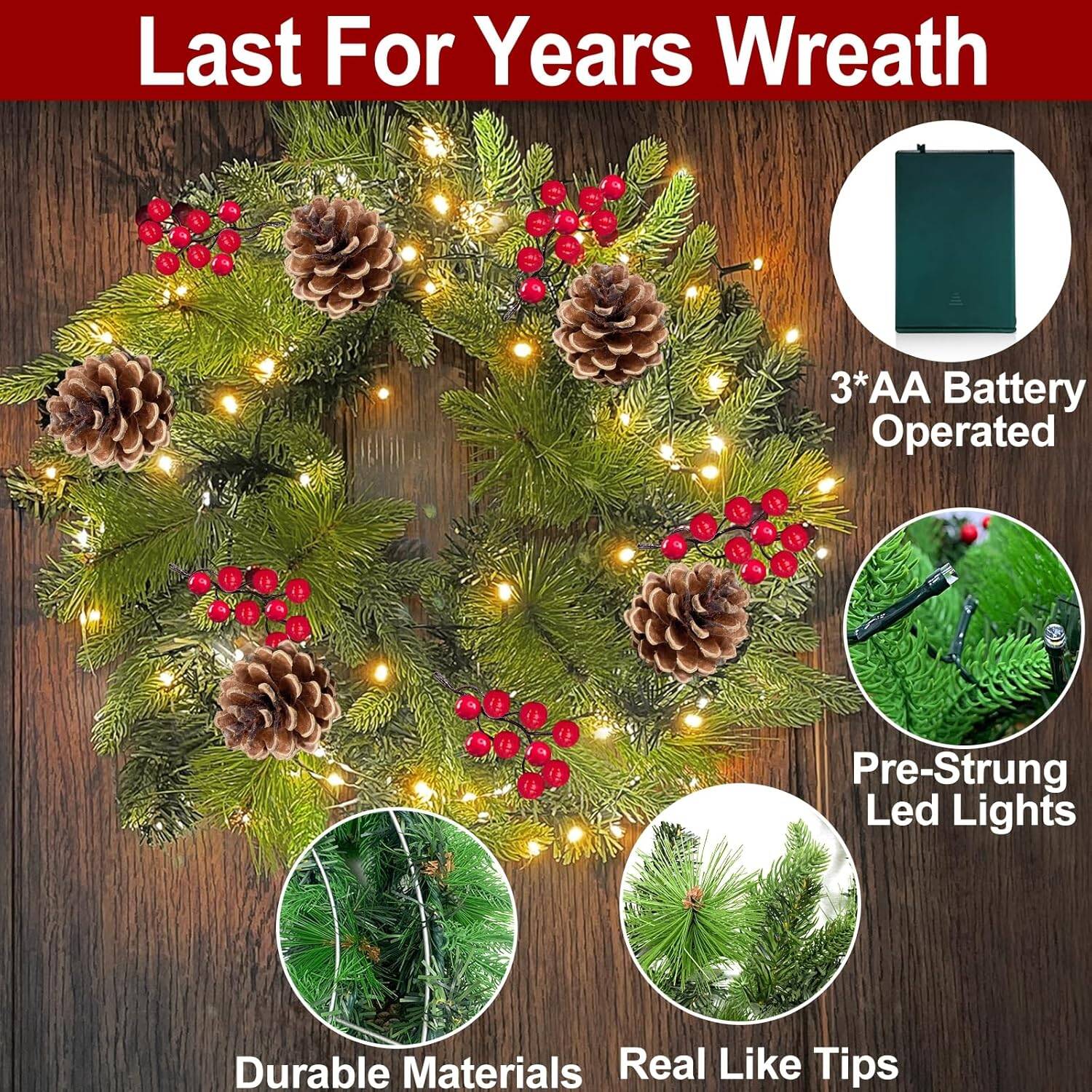 30 Inch Super Thick Christmas Wreath with Warm White Prelit Lights - Image 6