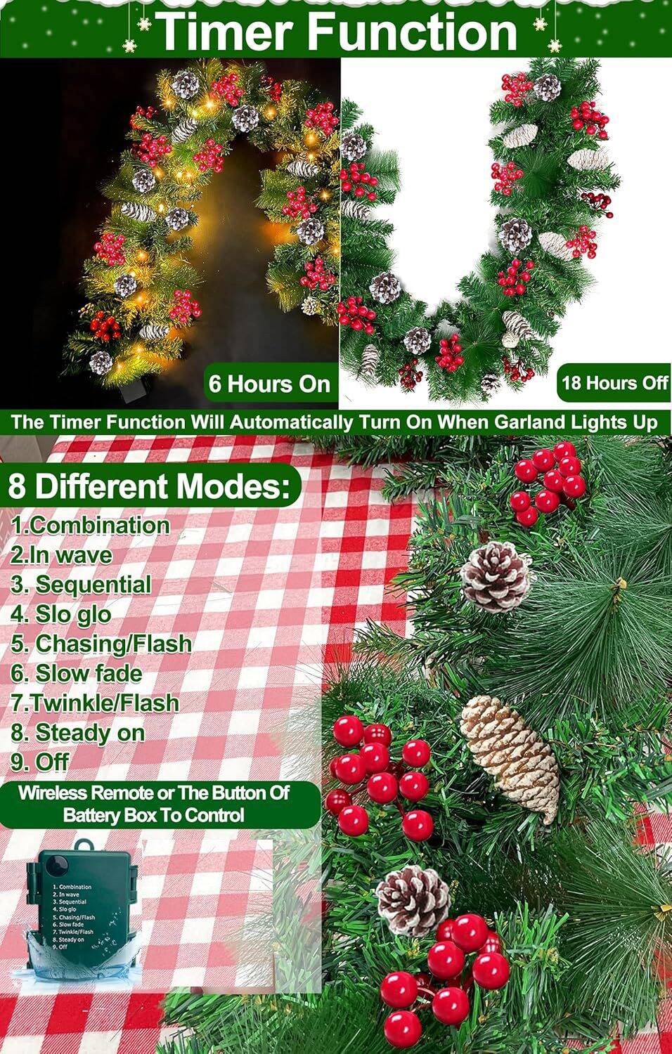 Timer & 2 Pack + 8 Modes 9 Ft Prelit Christmas Garland 50 Warm White LED Lights Cedar garland Battery Operated 300 Thick Branch Bristle Pine 198 Red Berries Pinecones Xmas Decor Garland Indoor - Image 3