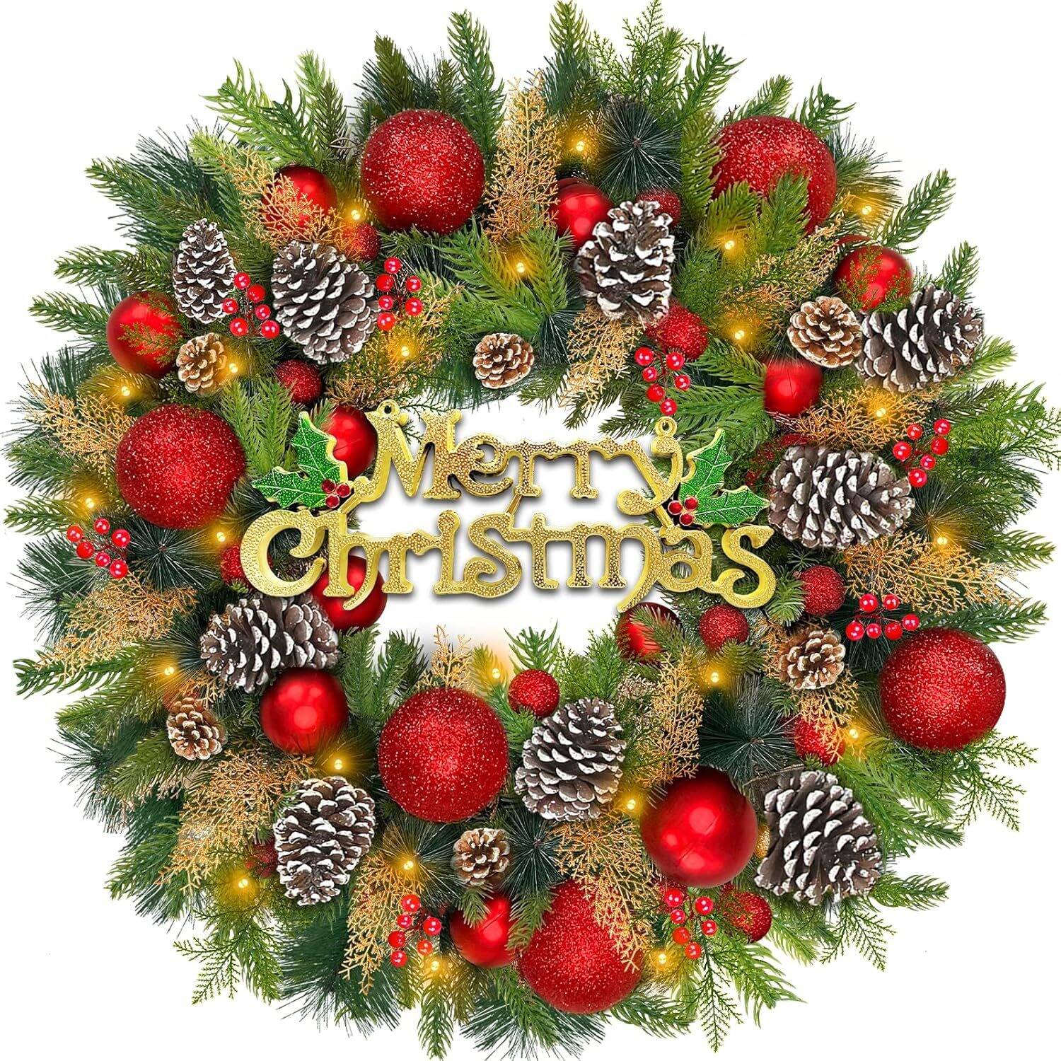 30 Inch Pre-lit Christmas Wreath with 'Merry Christmas' Sign