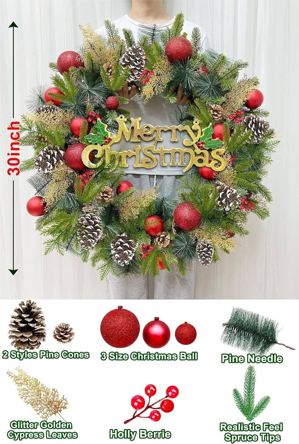 30 Inch Pre-lit Christmas Wreath with 'Merry Christmas' Sign - Image 3