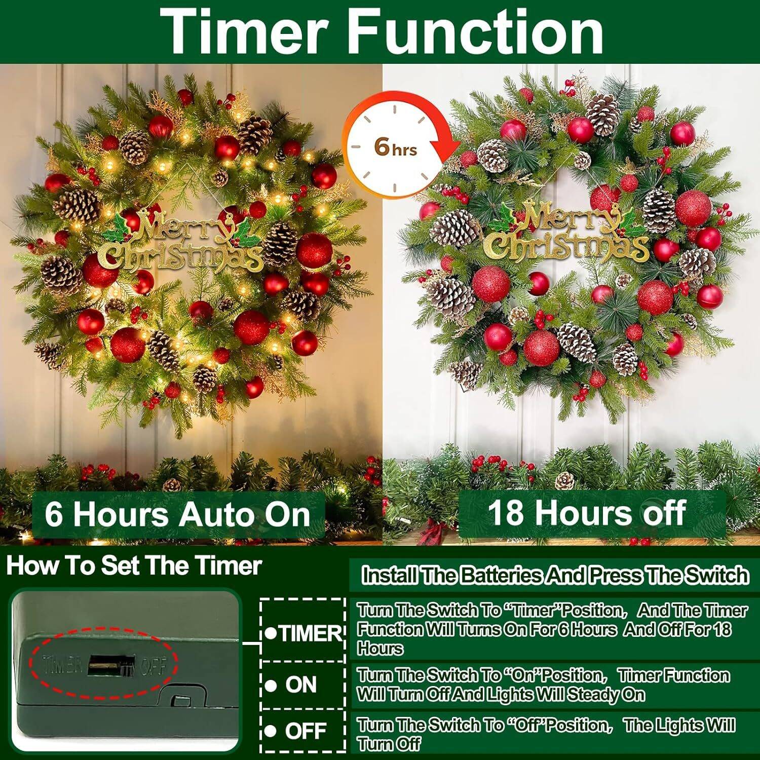 30 Inch Pre-lit Christmas Wreath with 'Merry Christmas' Sign - Image 6