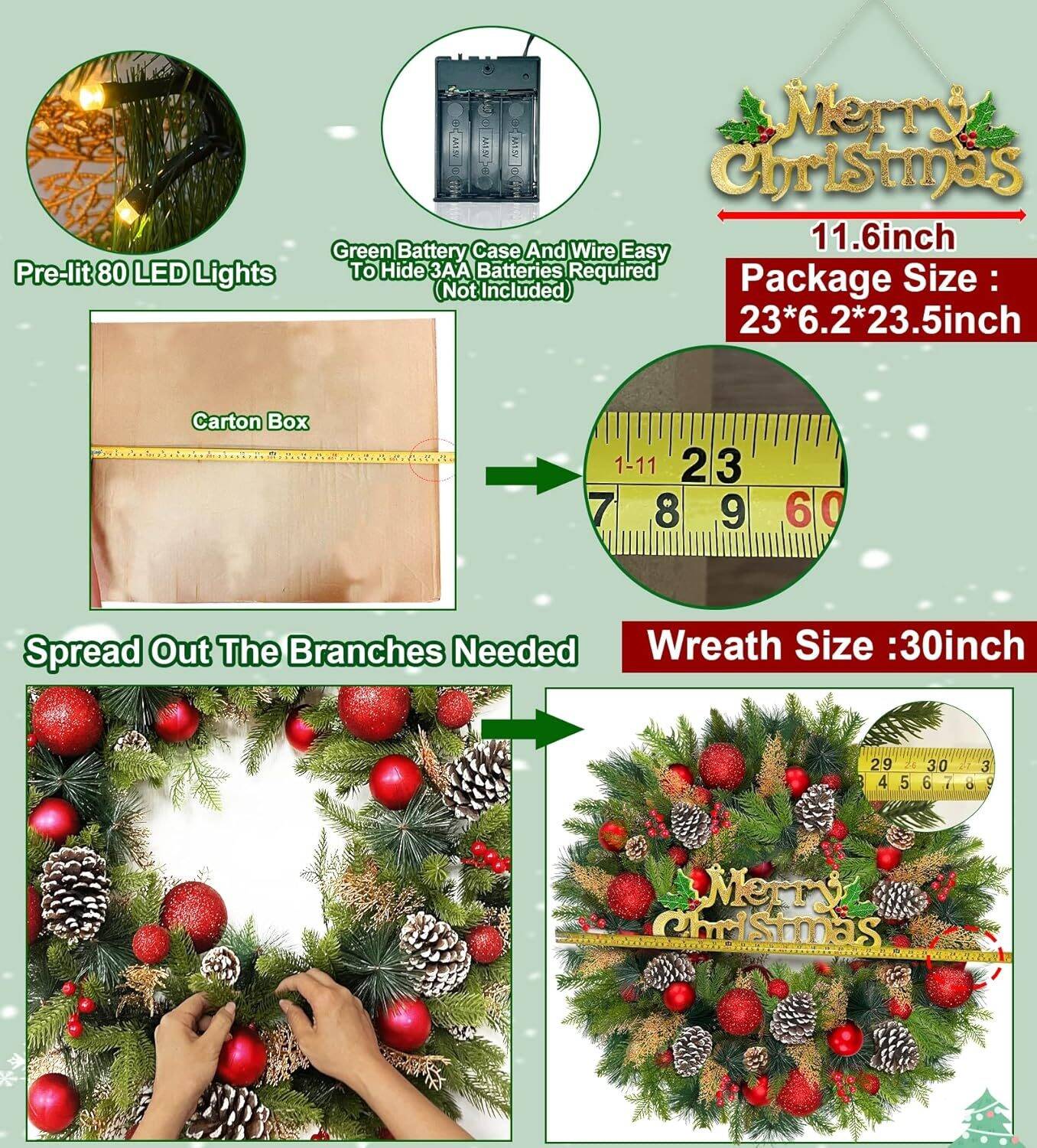 30 Inch Pre-lit Christmas Wreath with 'Merry Christmas' Sign - Image 8