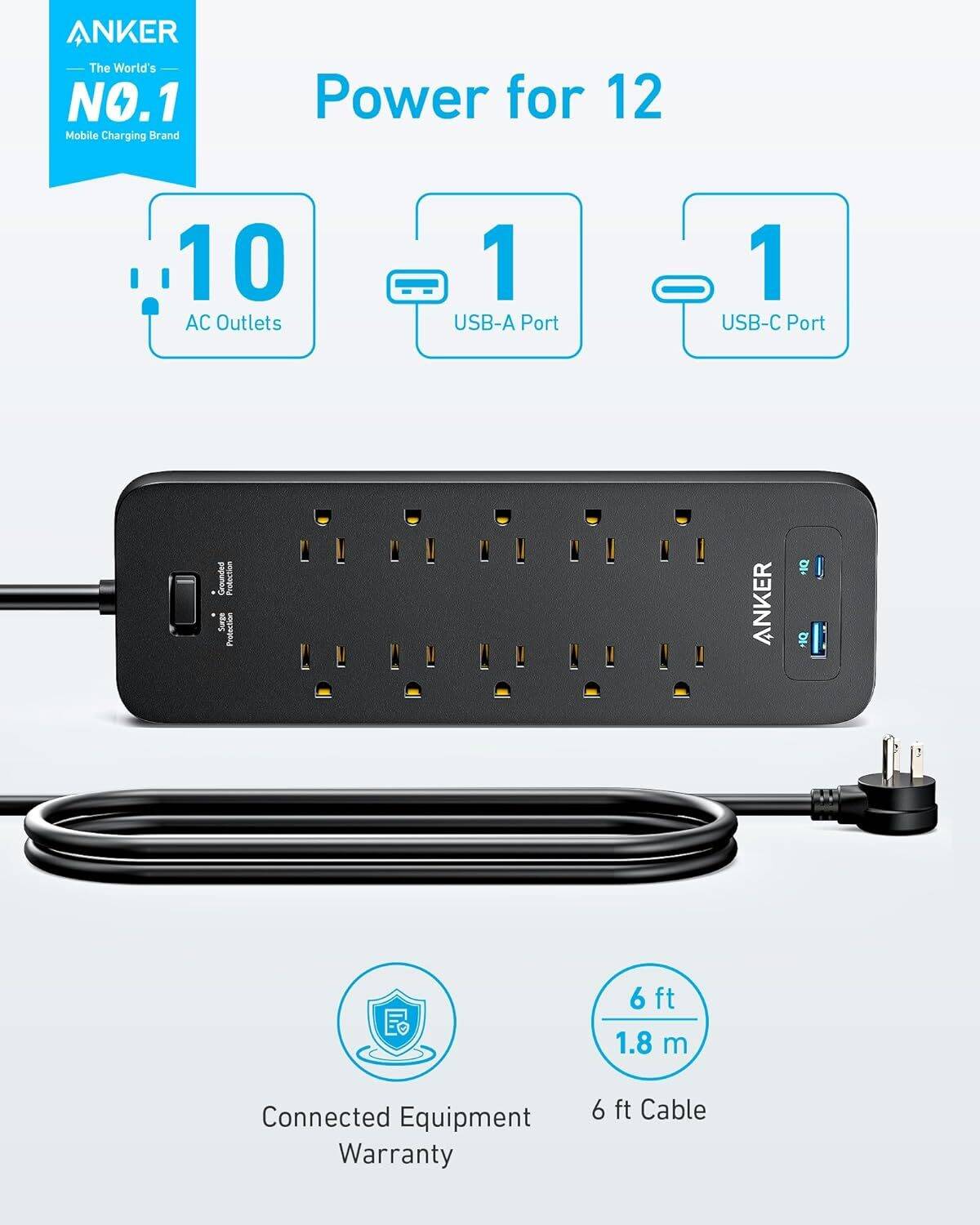 Anker Power Strip Surge Protector(2100J), 6Ft/1.8m Extension Cord with 10 Outlets and 2 USB Ports (Black) - Image 2