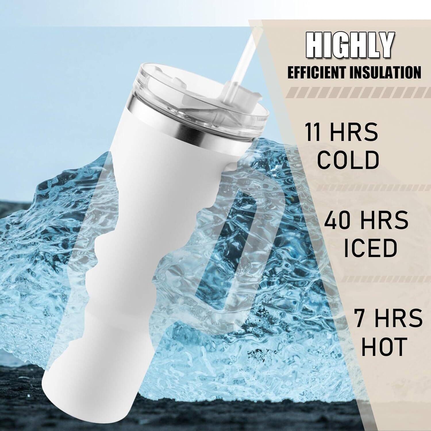 40 oz Tumbler with Handle, Keep Cold 40 Hours Stainless Steel Tumbler with Lid and Straw Double Wall Vacuum Reusable Sports Water Bottle with Handle Travel Coffee Mug, White, Frost - Image 4