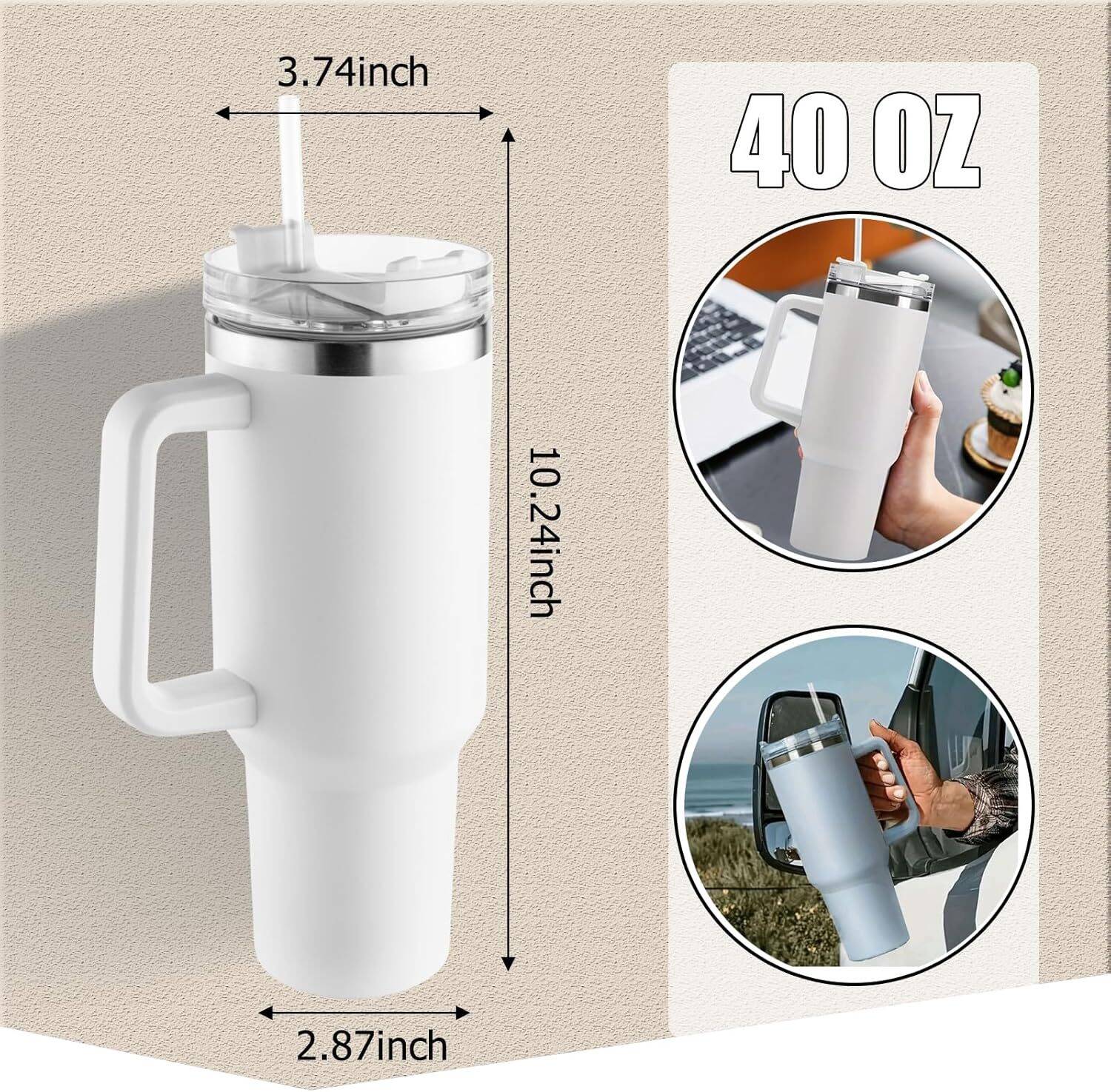 40 oz Tumbler with Handle, Keep Cold 40 Hours Stainless Steel Tumbler with Lid and Straw Double Wall Vacuum Reusable Sports Water Bottle with Handle Travel Coffee Mug, White, Frost - Image 8