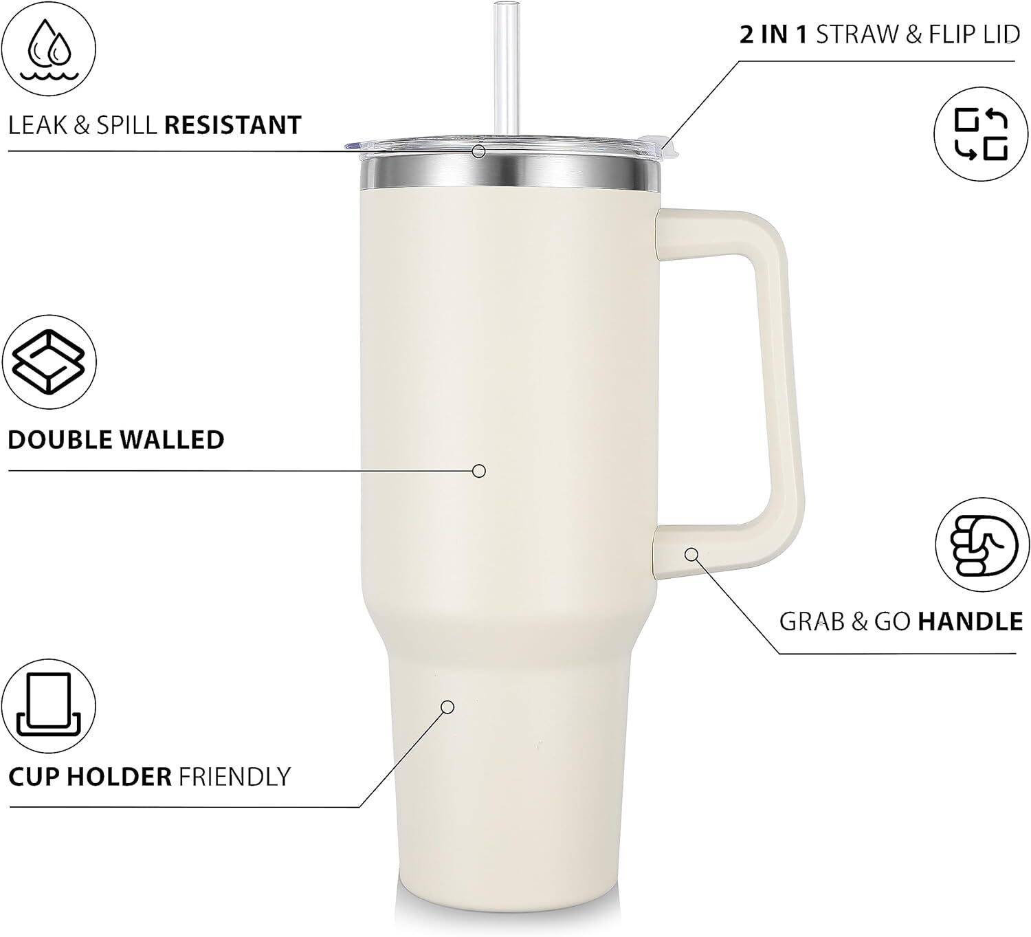 40 oz Tumbler with Handle and Straw, Insulated Stainless Steel Tumbler with 2 In 1 Lid, Double Vacuum Travel Mug Coffee Cup - Image 3