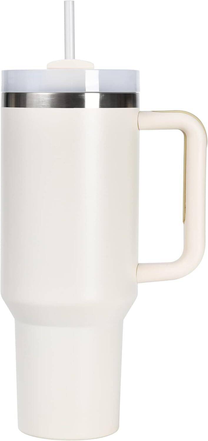 40oz Tumbler with lid, Starw and Handle, Stainless Steel Vacuum Insulated Water Bottle Travel Mug for Iced Coffee, Hot and Cold Tea, Beverages (40oz Beige)