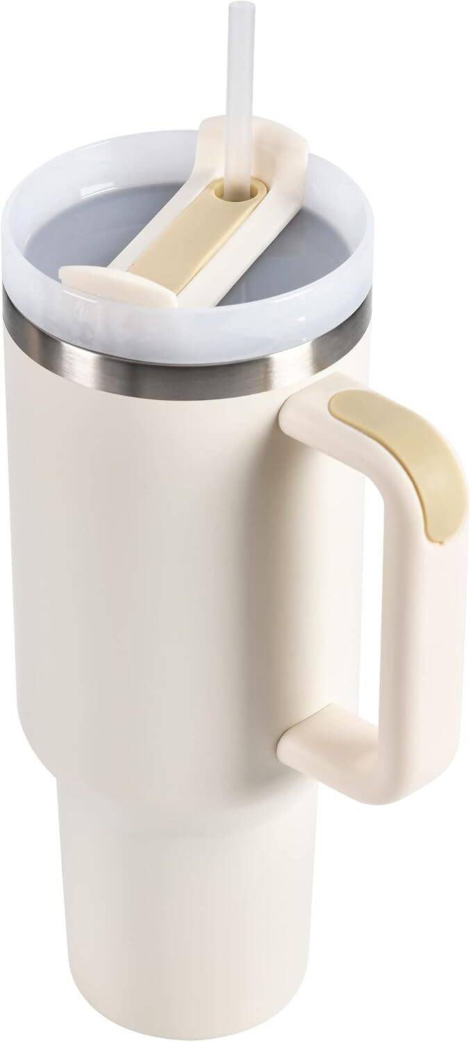 40oz Tumbler with lid, Starw and Handle, Stainless Steel Vacuum Insulated Water Bottle Travel Mug for Iced Coffee, Hot and Cold Tea, Beverages (40oz Beige) - Image 3