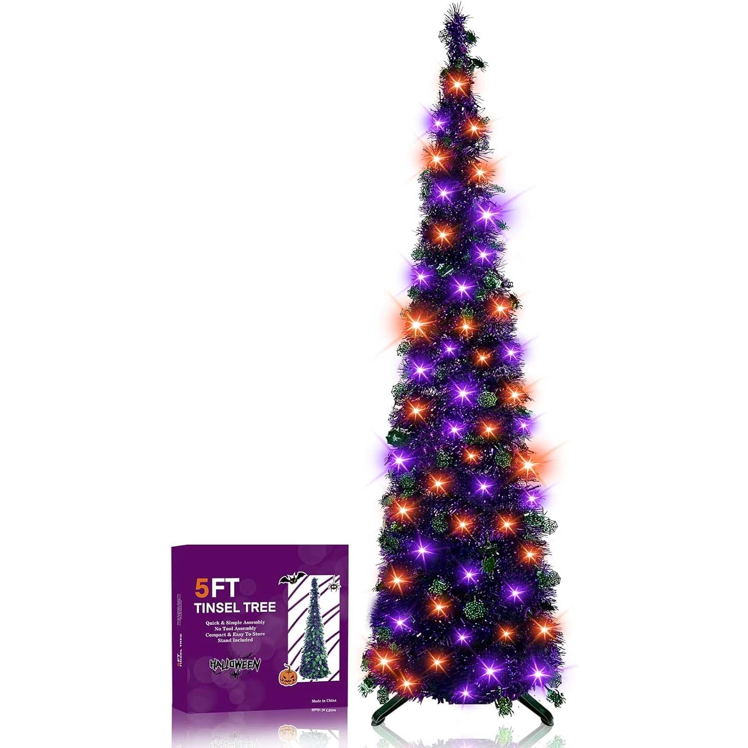 5 Ft Tinsel Pop Up Halloween Tree Decorations, Timer DIY 50LED Orange Purple Lights Spiders Web Sequins Battery Powered Artificial Pencil Black Christmas Tree Indoor Outdoor Home Party Halloween Decor