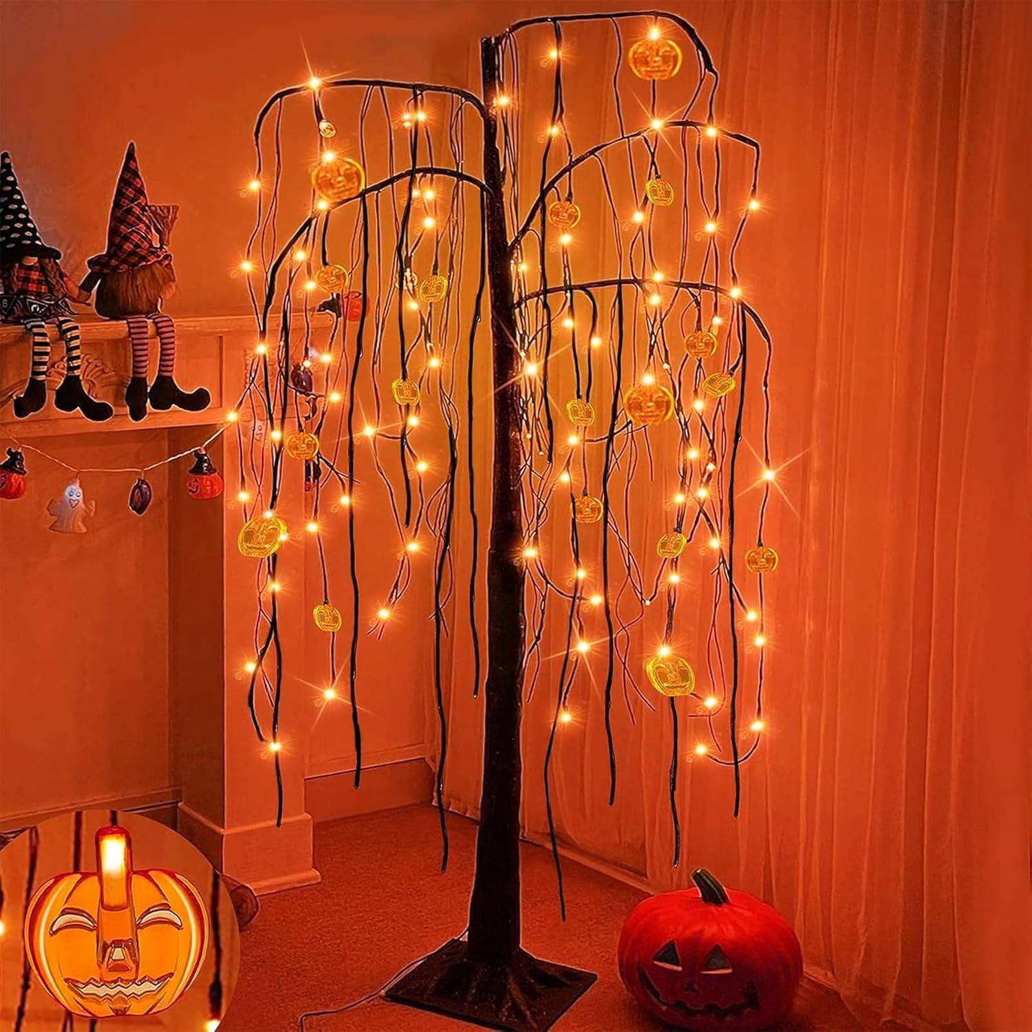 5FT Halloween Willow Tree with 108 LED orange pumpkin lights