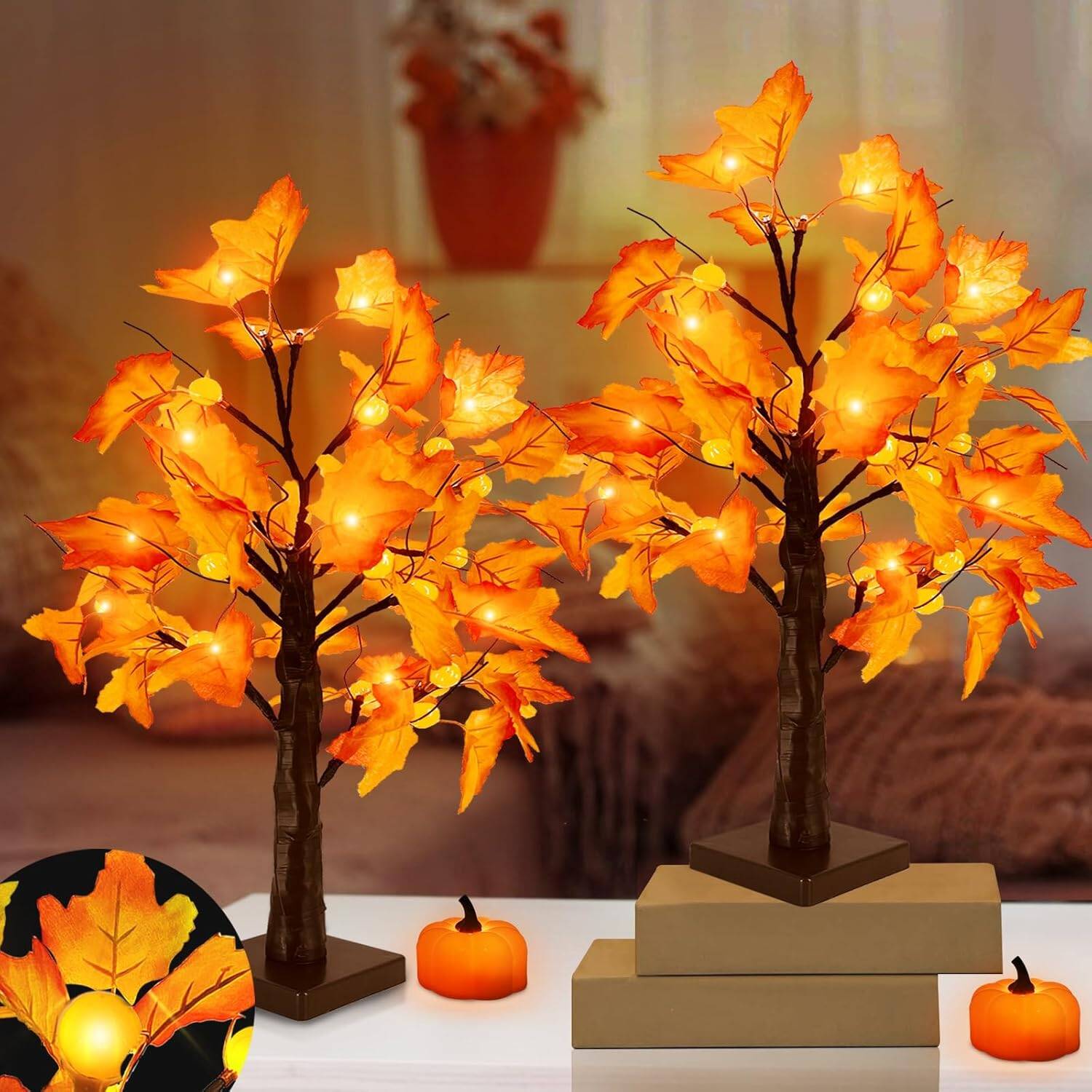 TURNMEON 18'' Fall Lighted Maple Tree with Timer 24 Pumpkin Lights Battery Operated Lighted Artificial Maple Leaf Tree for Fall Decor Thanksgiving Autumn Harvest Home Tabletop Indoor Decorations